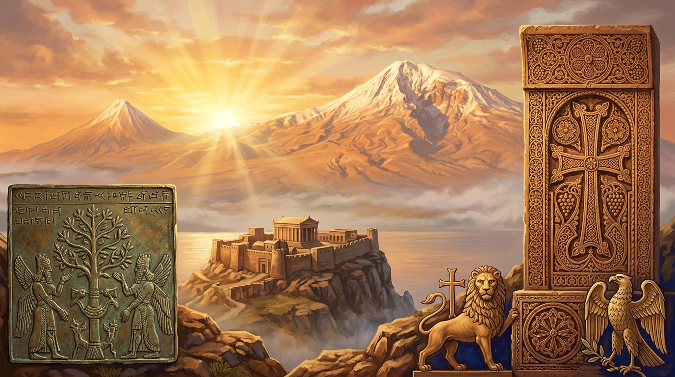 Ancient Kingdom of Urartu bronze Tree of Life relief and Mount Ararat