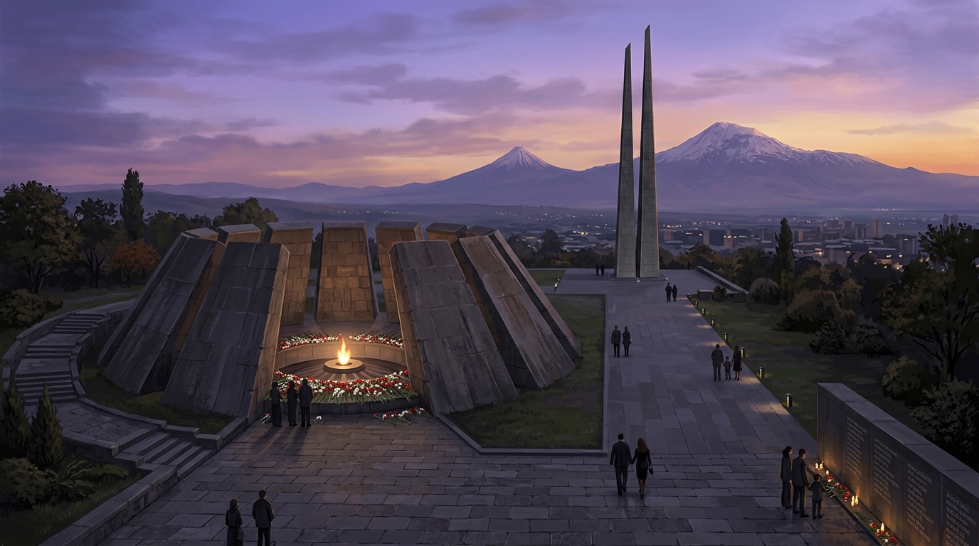 Aghet Flyer 2011 — Tsitsernakaberd Armenian Memorial Complex Tsitsernakaberd Armenian Genocide Memorial Complex in Yerevan at twilight