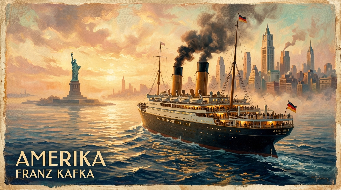 Modernist literary illustration of Karl Rossmann's ocean liner arriving in New York Harbor at dawn for Franz Kafka's Amerika