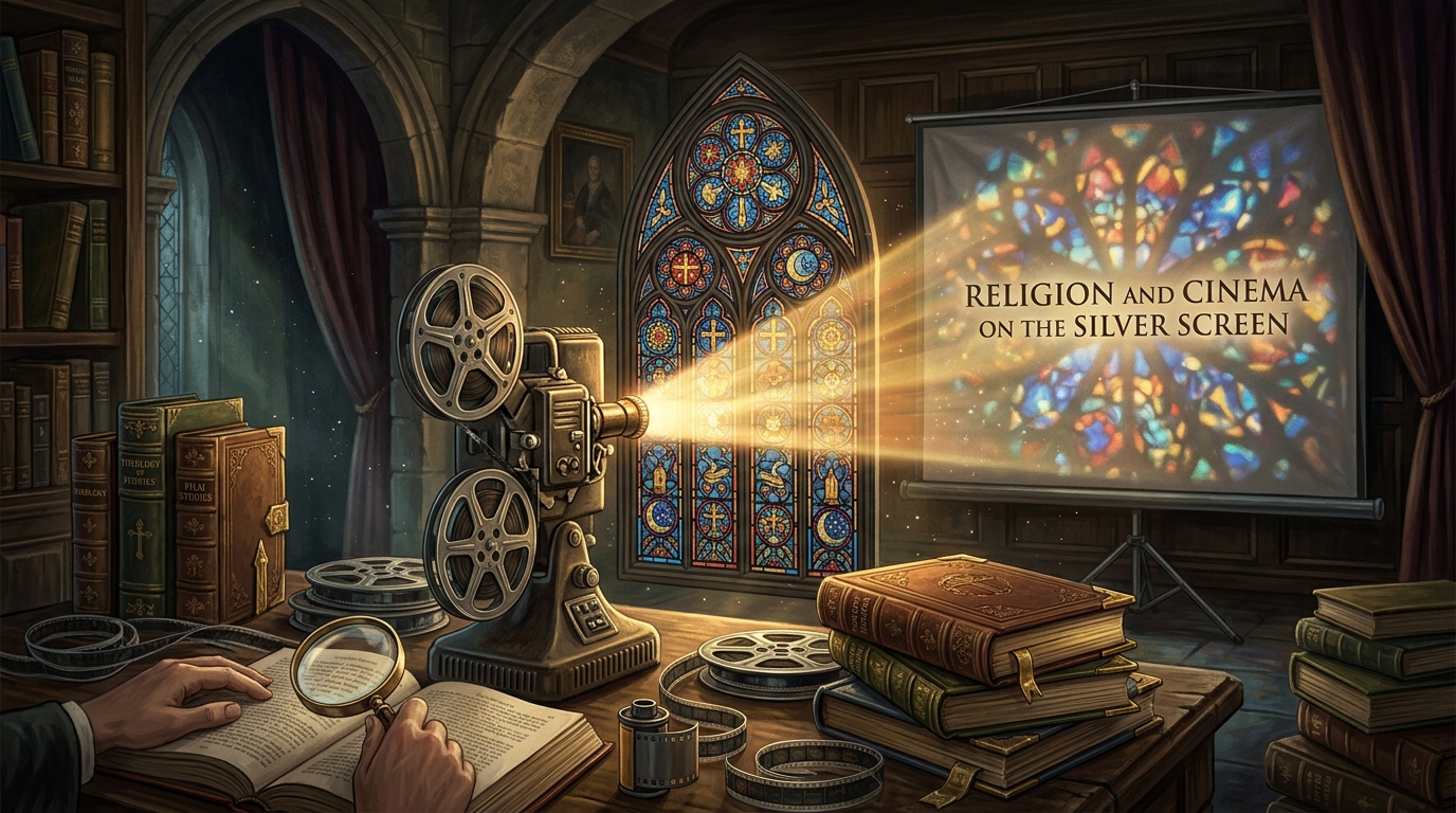 Editorial illustration of a vintage 35mm film projector casting light through cathedral stained glass onto a cinema screen with religious studies texts