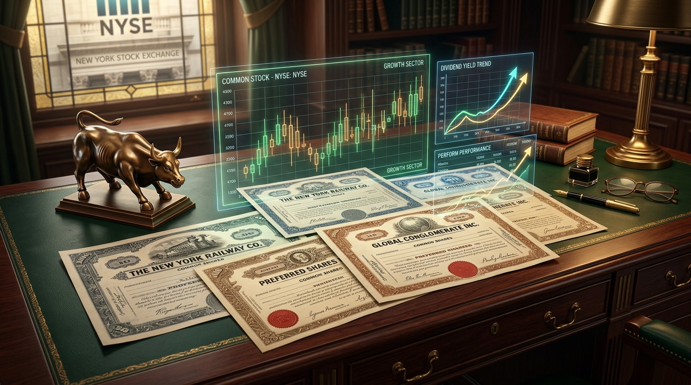 Financial editorial illustration of common and preferred stock certificates, dividend charts, and market analysis
